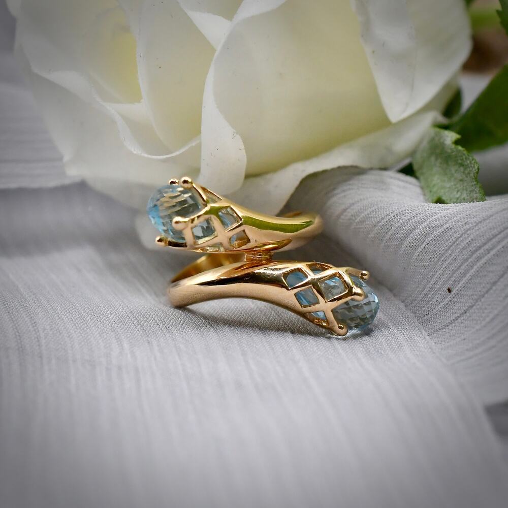 Vintage 14k Gold Blue Topaz Bypass Ring Heavy Retro Pear Cocktail Size 7 - Picture 10 of 14